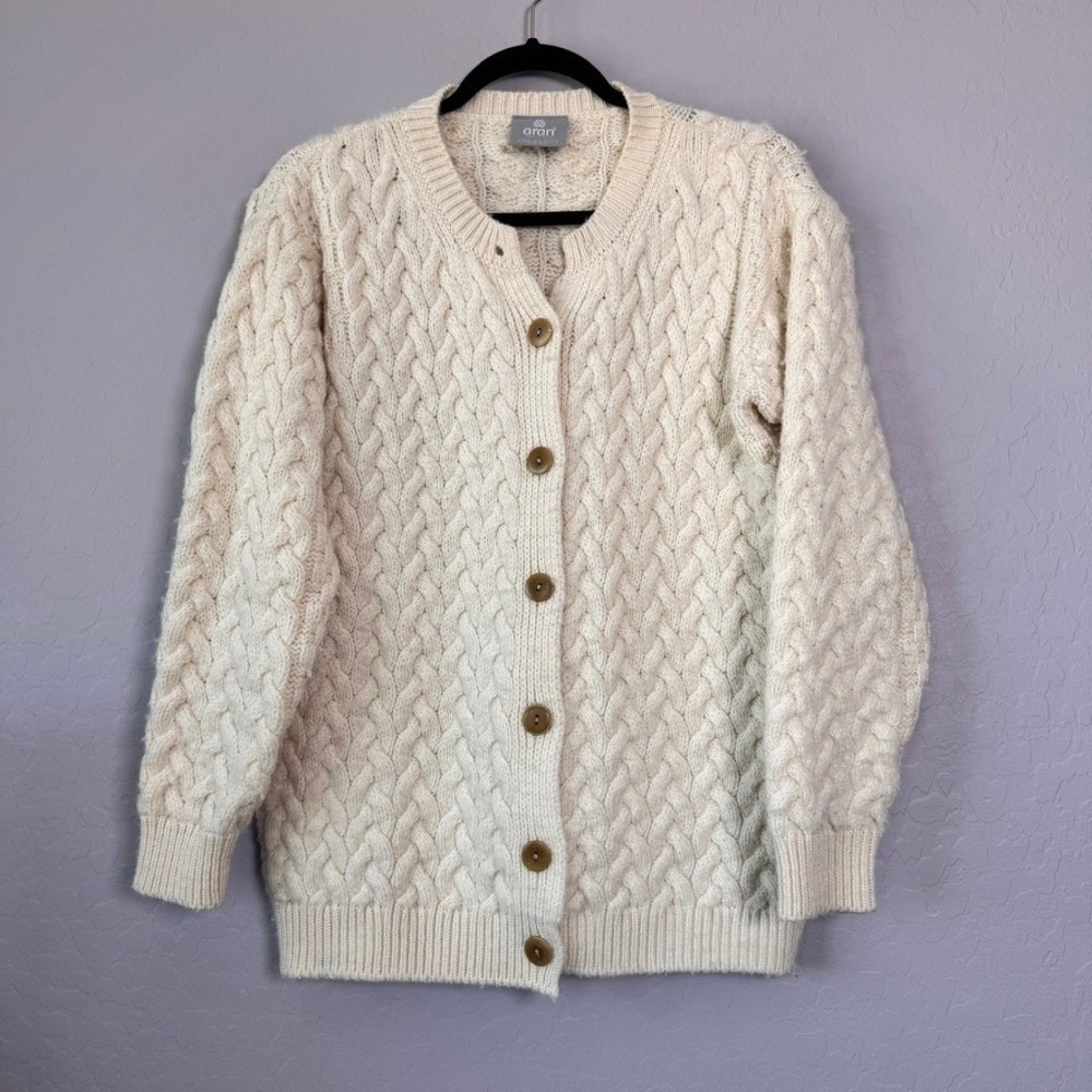 Aran Woollen Mills Medium Cardigan Cream LongSleeve CableKnit MerinoWool Ireland